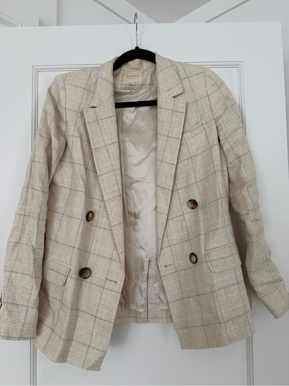 Sezane Light Beige Plaid Double-Breasted Blazer